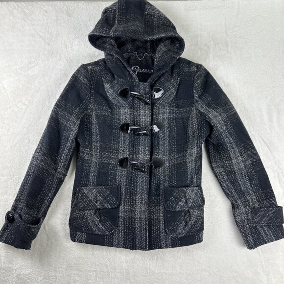 Guess Womens Jacket Large black Gray Hoodie outerwear toggle Fall Winter Hooded - Picture 1 of 10